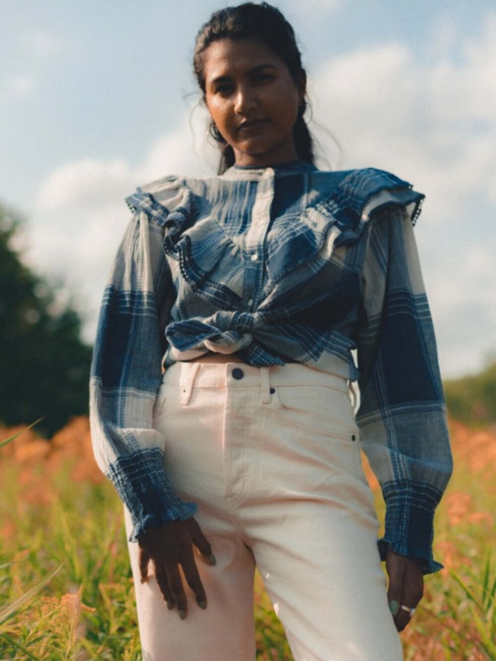 FRNCH Paris Camassia Plaid Woven Ruffle Button Up Shirt Blue Pearl